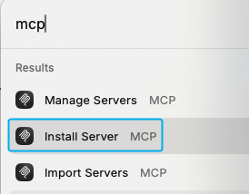 Screenshot of Raycast search after typing `mcp`