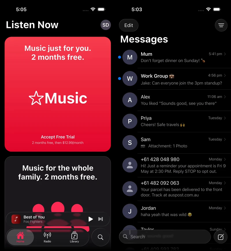 Liquid Glass widgets demo — Apple Music and Podcasts