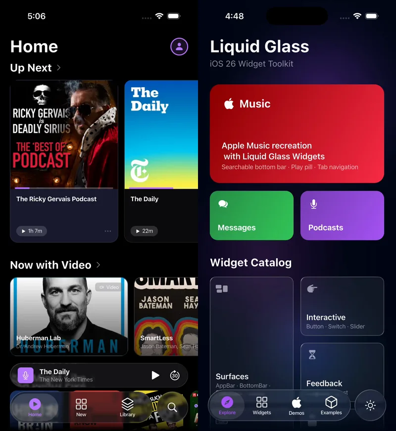 Liquid Glass widgets demo — interactive controls and navigation