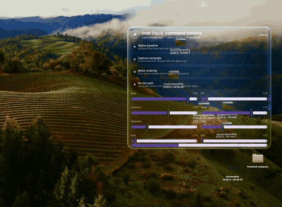 True Liquid Glass refracting the live macOS desktop behind a Compose Desktop window