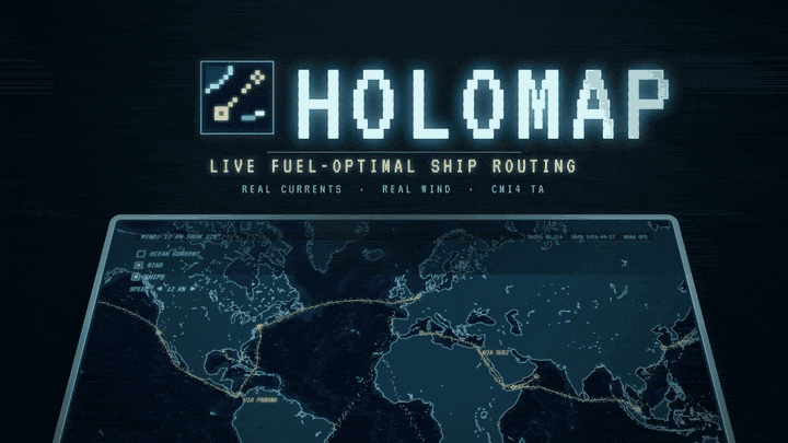 Holomap: live ocean currents drift across a glowing holotable, a fuel-optimal route is plotted through the Gulf Stream, and the view pulls back to the whole world