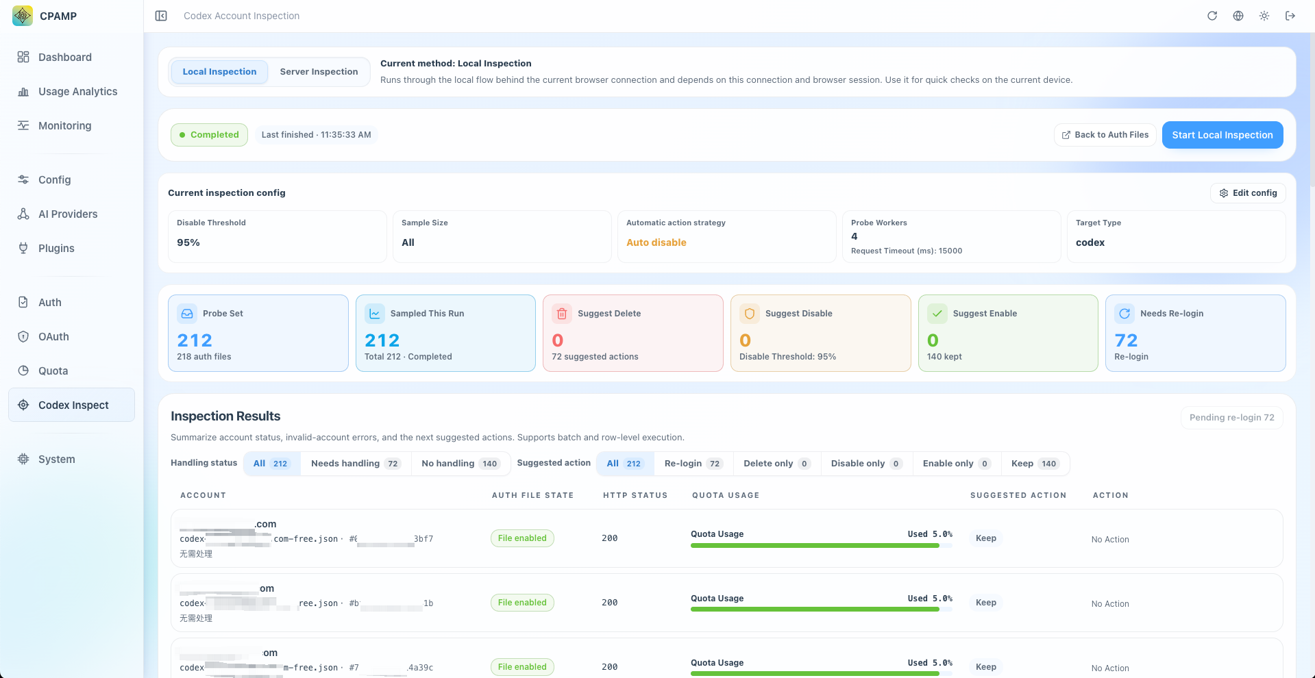 Codex account inspection view