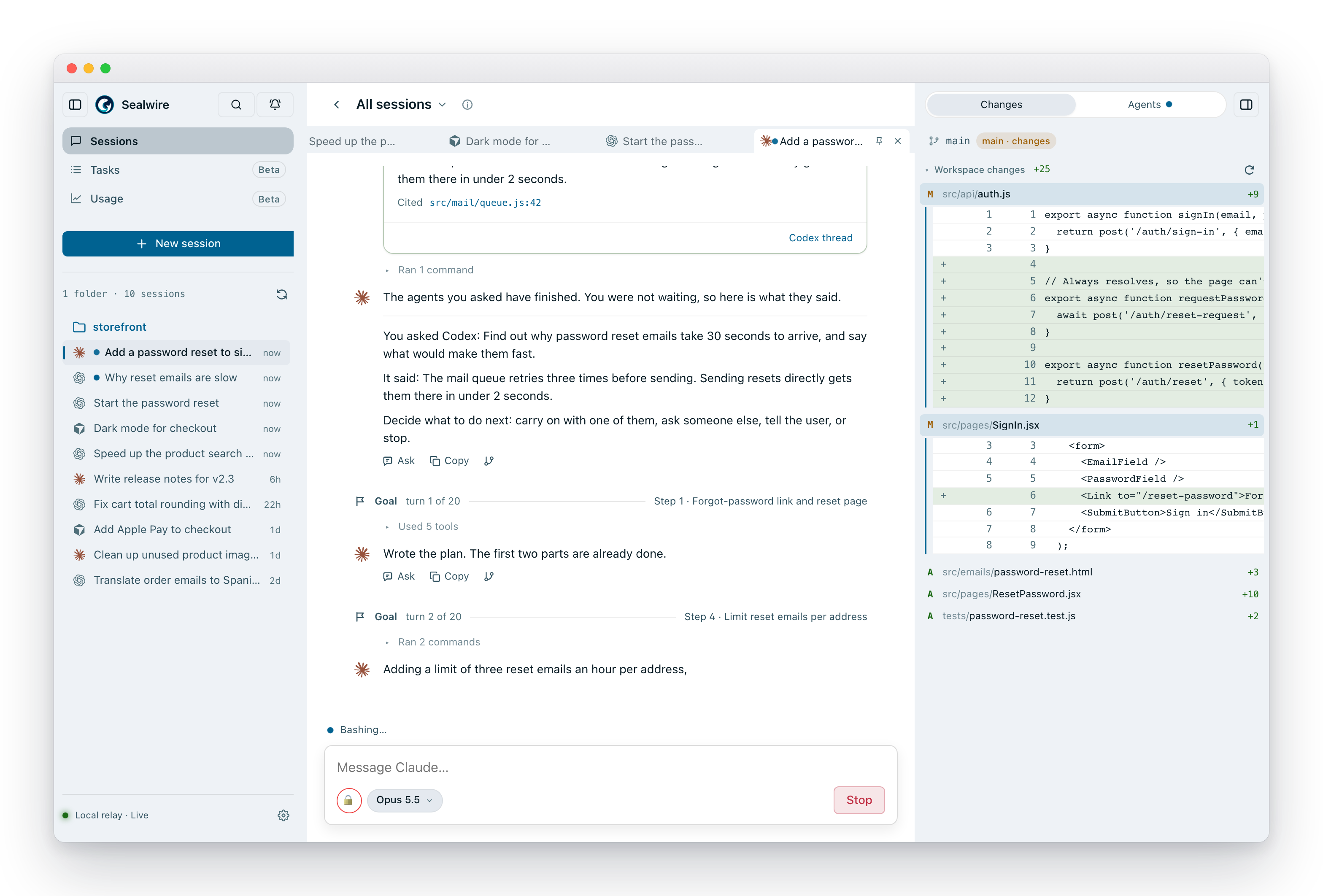 Sealwire on the desktop: Claude Code, Codex and Cursor sessions in the sidebar and tabs, the conversation, and the exact lines it changed