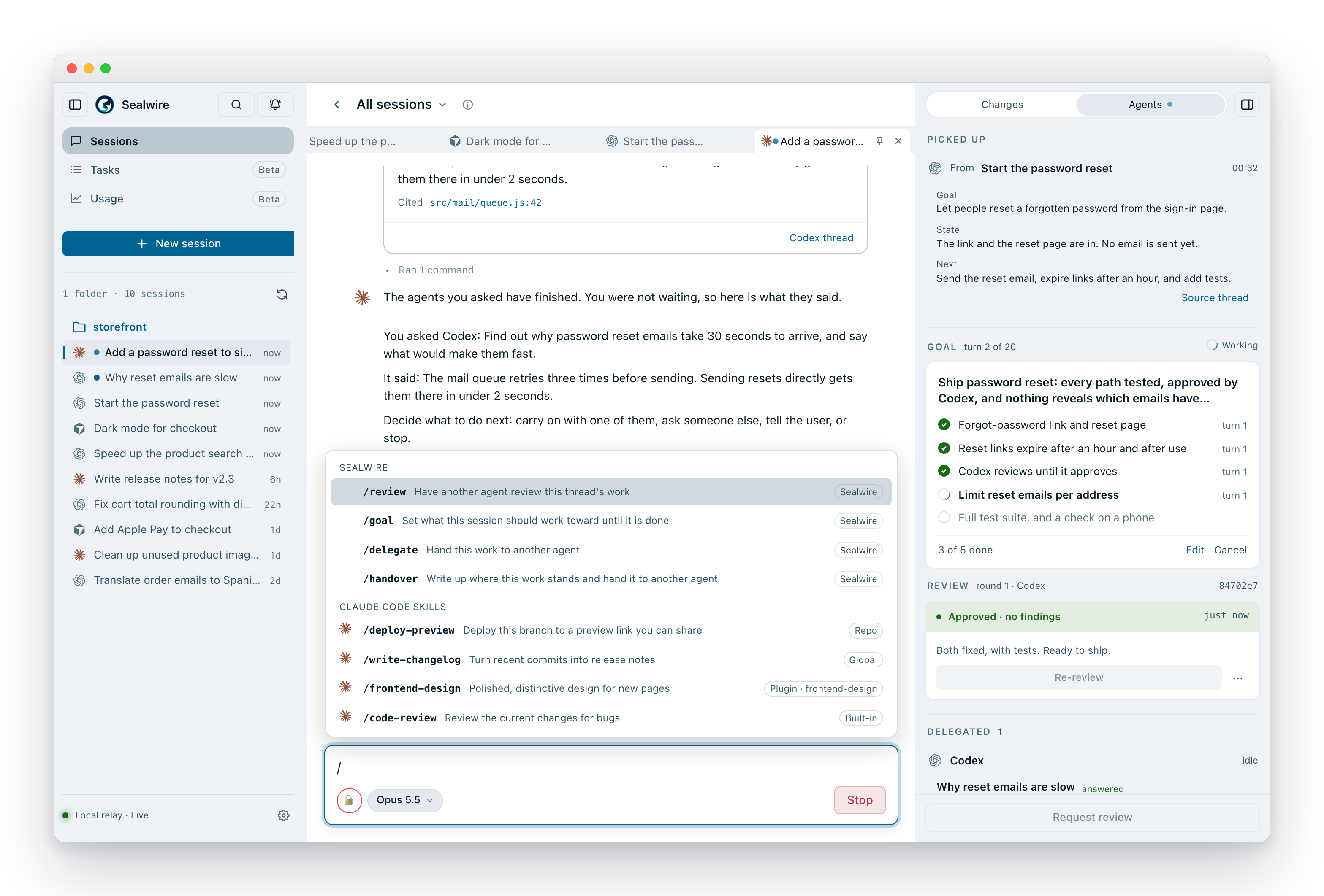 Typing / opens one menu: Sealwire's /review, /goal, /delegate and /handover, and below them the Claude Code skills for this project