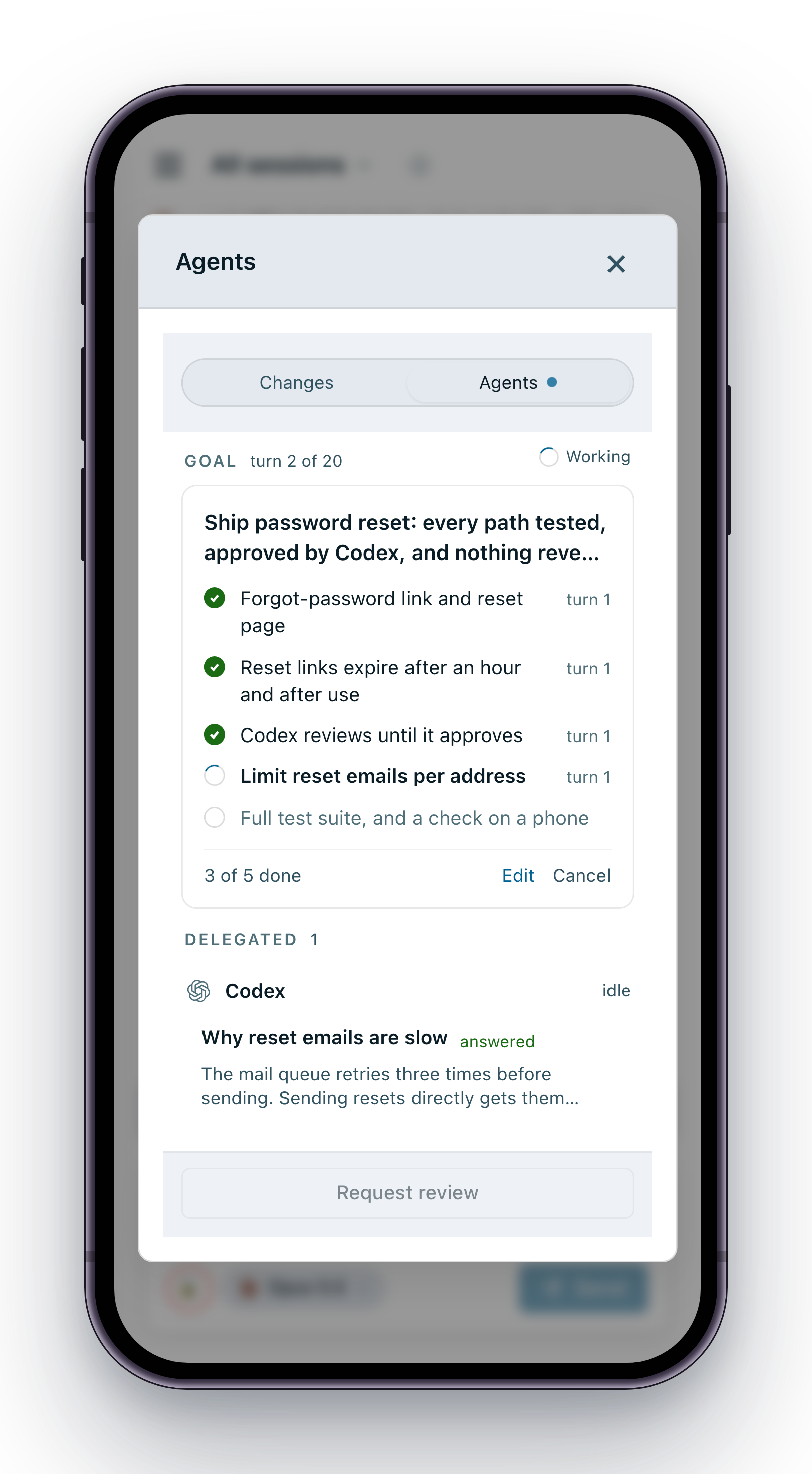 Sealwire on a phone: a goal's plan, three of five steps done, and an answered question from Codex