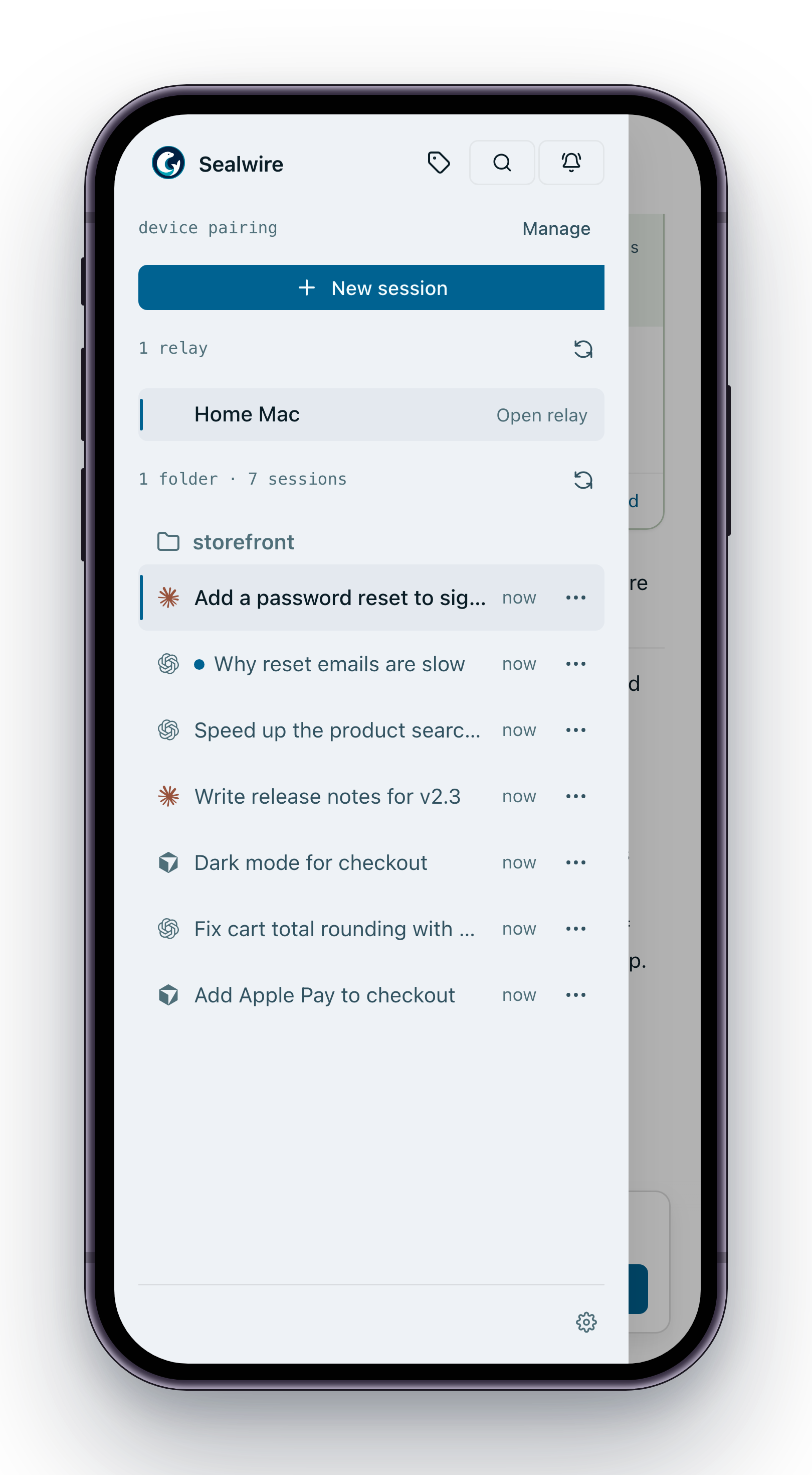 Sealwire on a phone: the session list, with Claude Code, Codex and Cursor sessions side by side