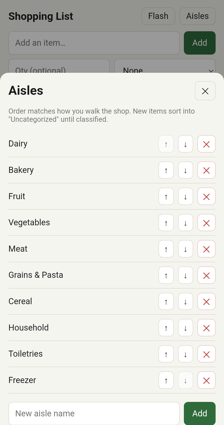 The phone web app's aisle editor, for setting the order you walk the shop
