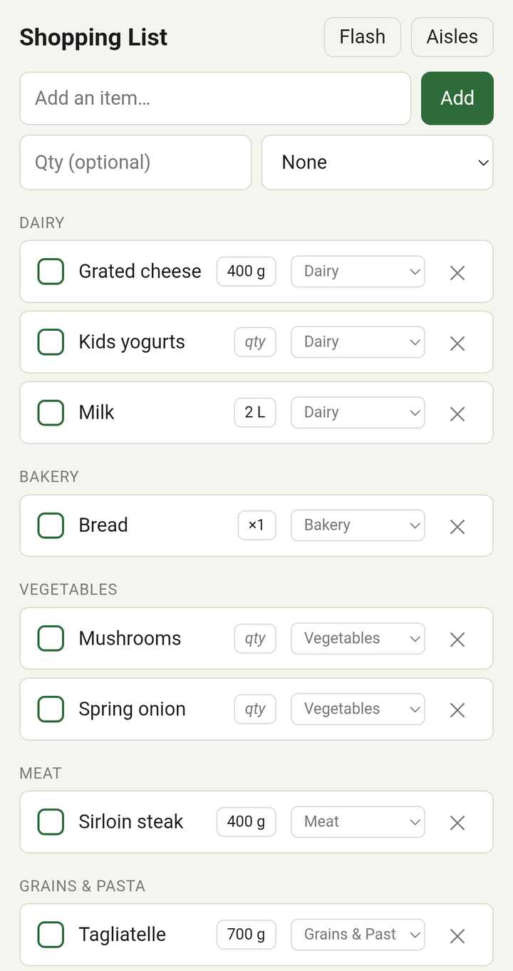 The phone web app showing the shopping list grouped by aisle