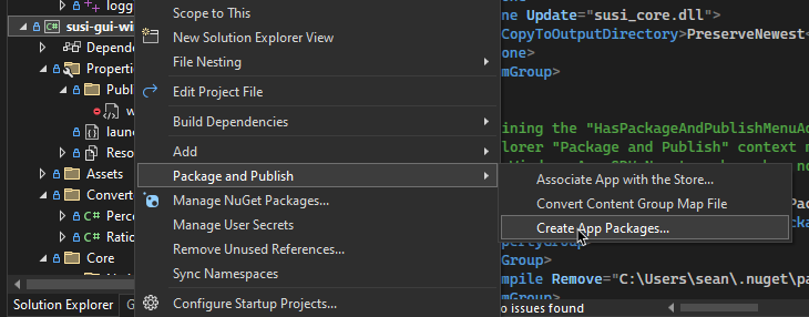 Creating an MSIX package for Susi is currently done through Visual Studio tools.