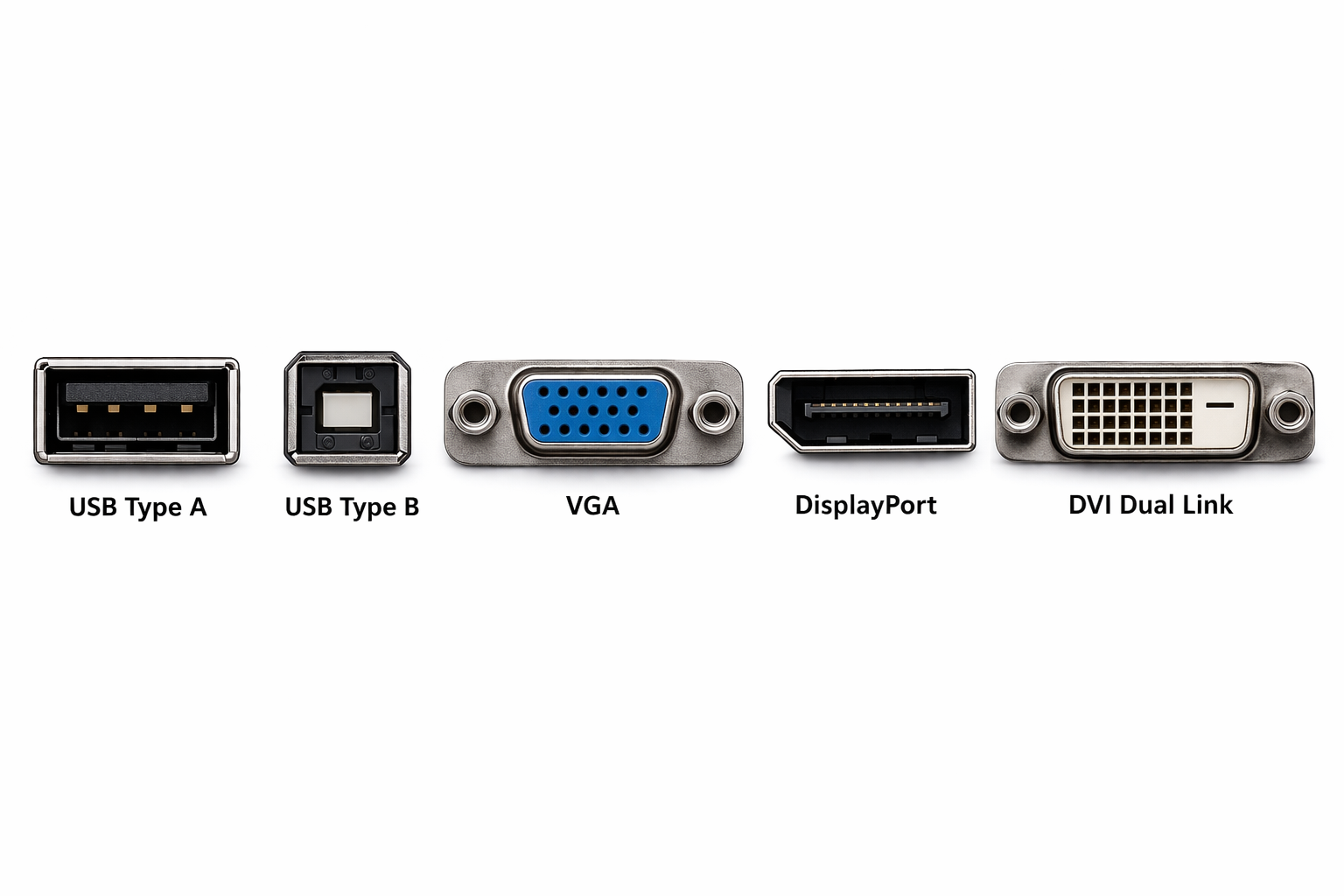 <p>Von links nach rechts: USB Typ A, USB Typ B, VGA, DisplayPort, DVI Dual-Link.</p>
