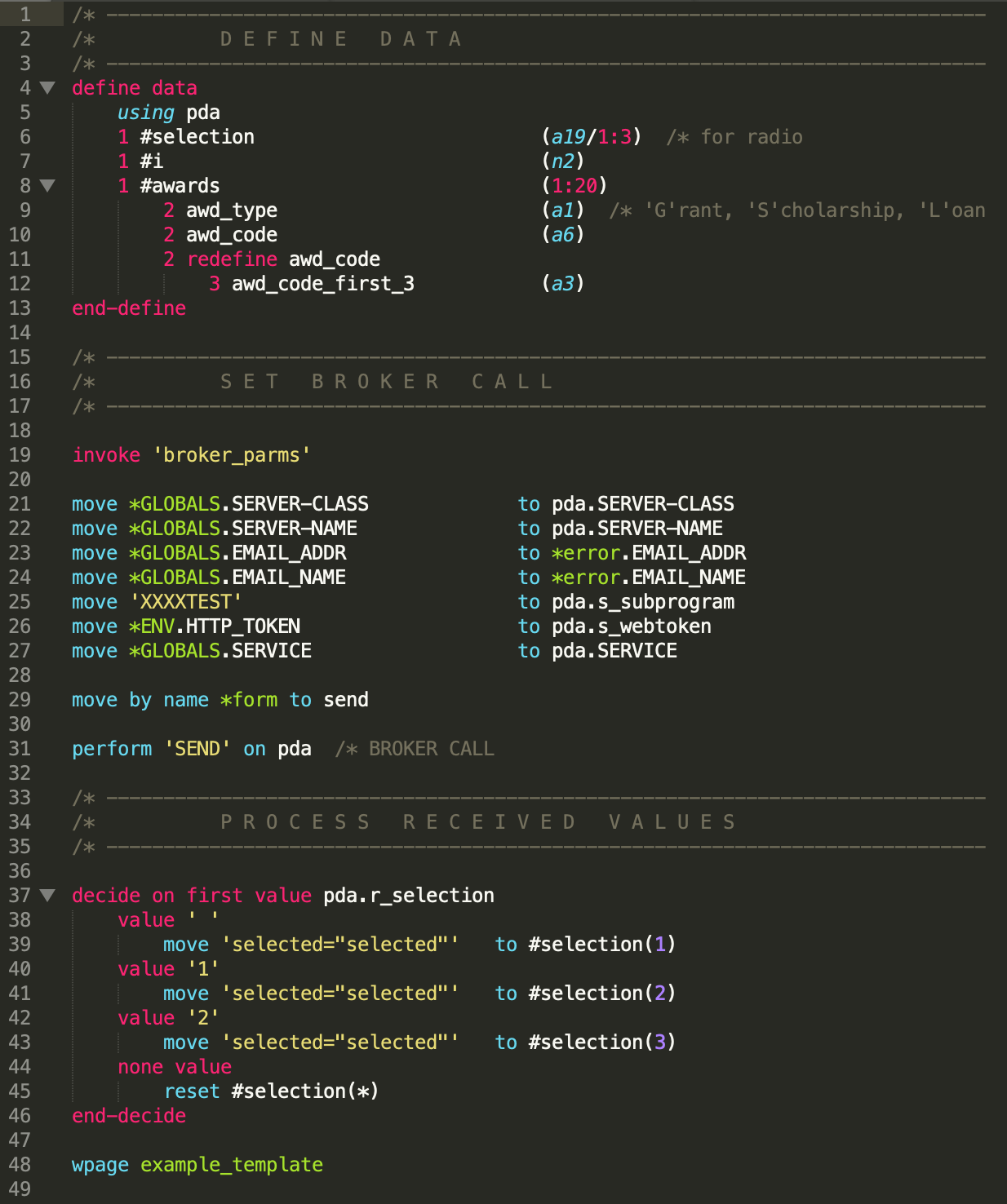 Screenshot of webAgent syntax