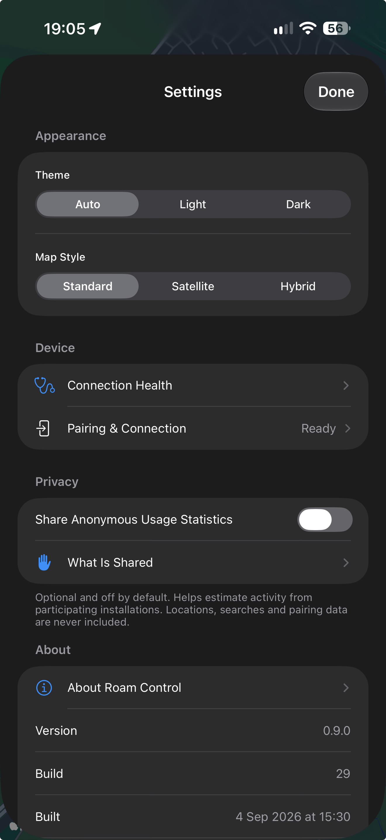 Roam Control settings