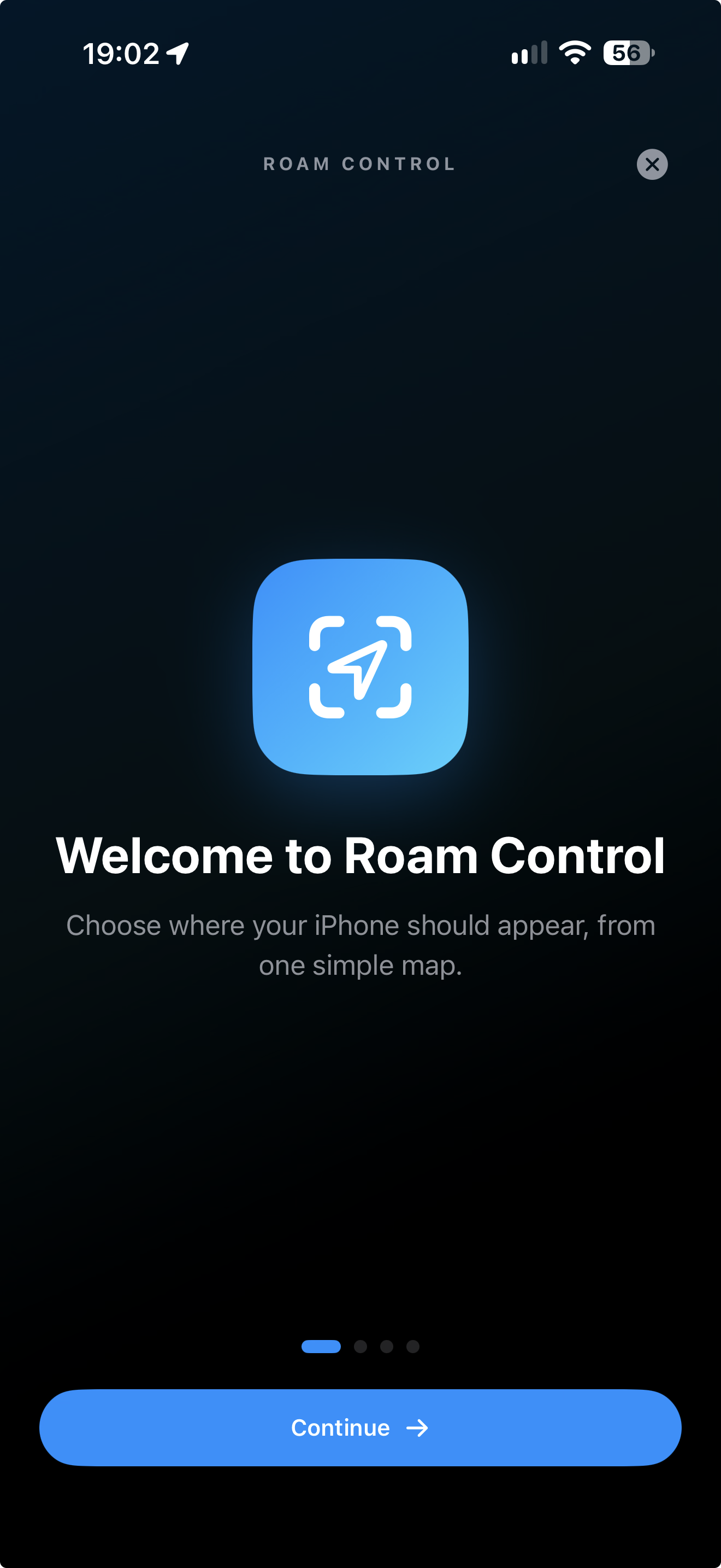 Roam Control welcome screen