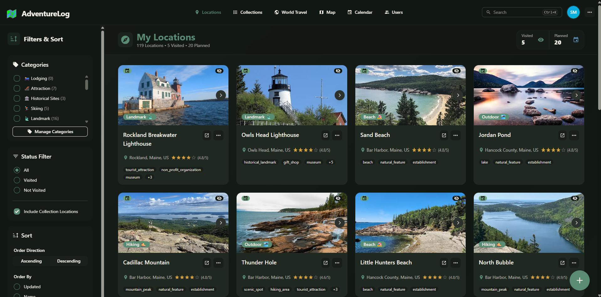 Location list with filters and categories