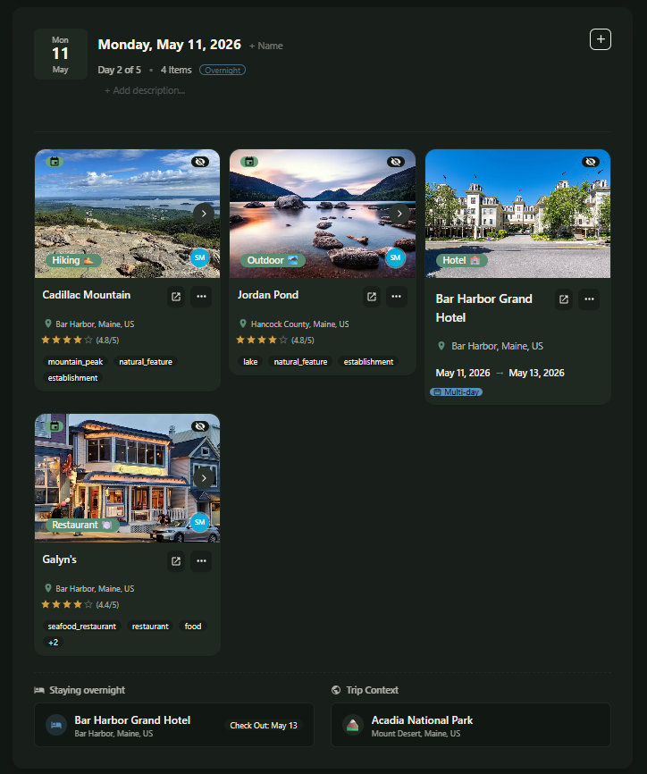 Trip itinerary planner with daily activities and lodging