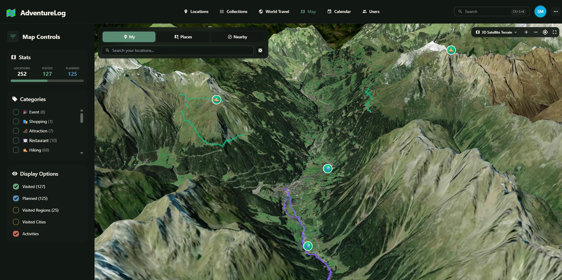3D satellite map view of travel locations