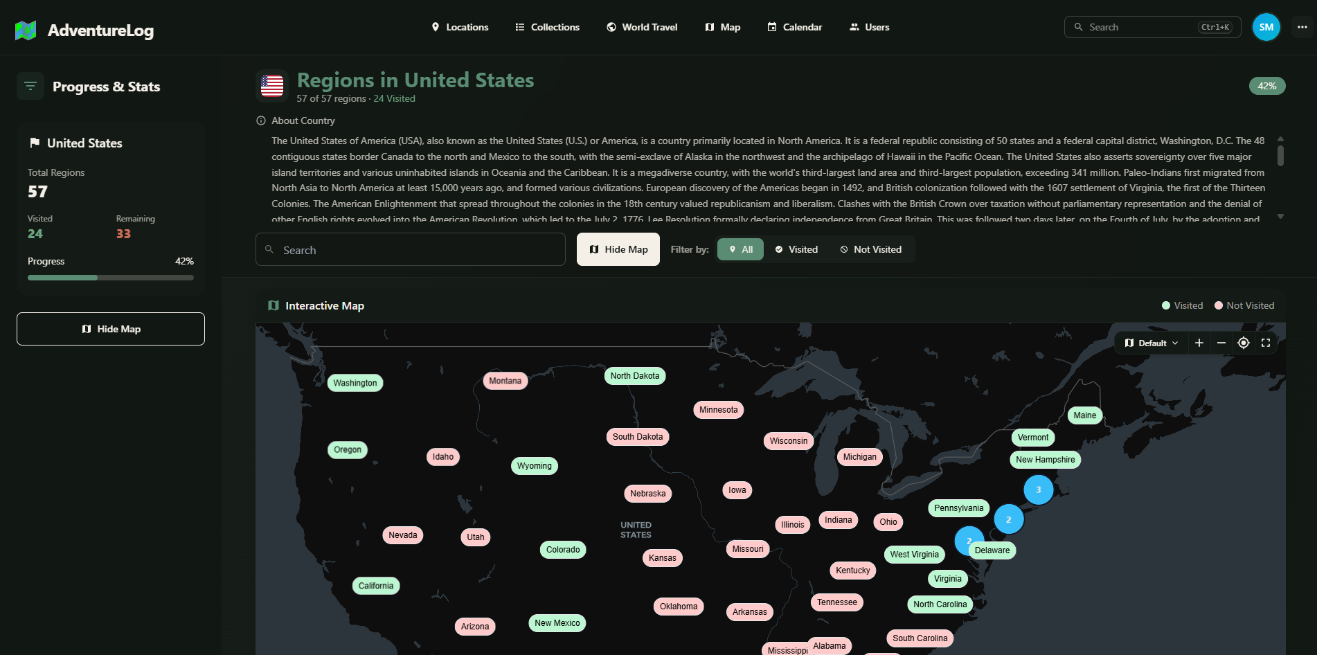Regional map for tracking sub-country travel