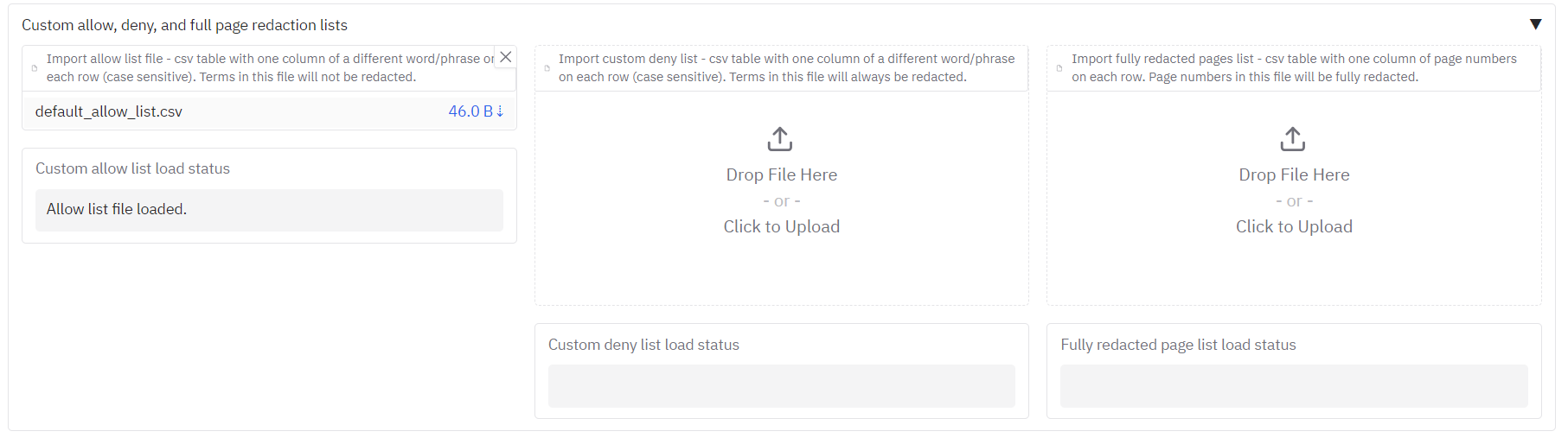 Custom allow, deny, and page redaction lists