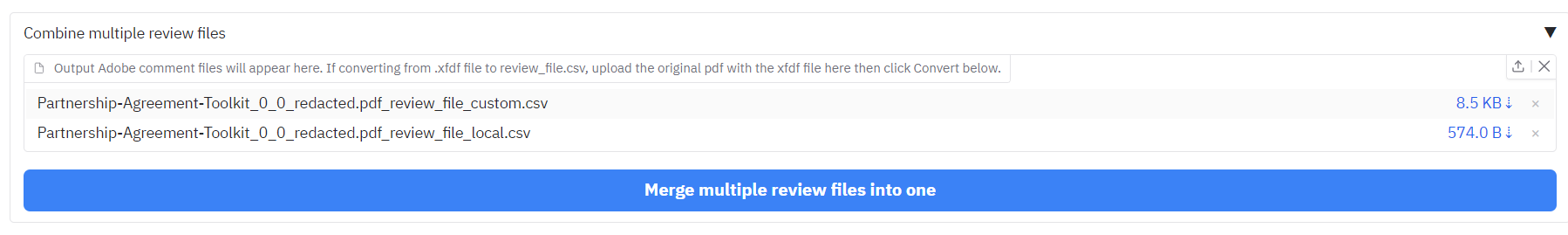 Merging review files in the user interface