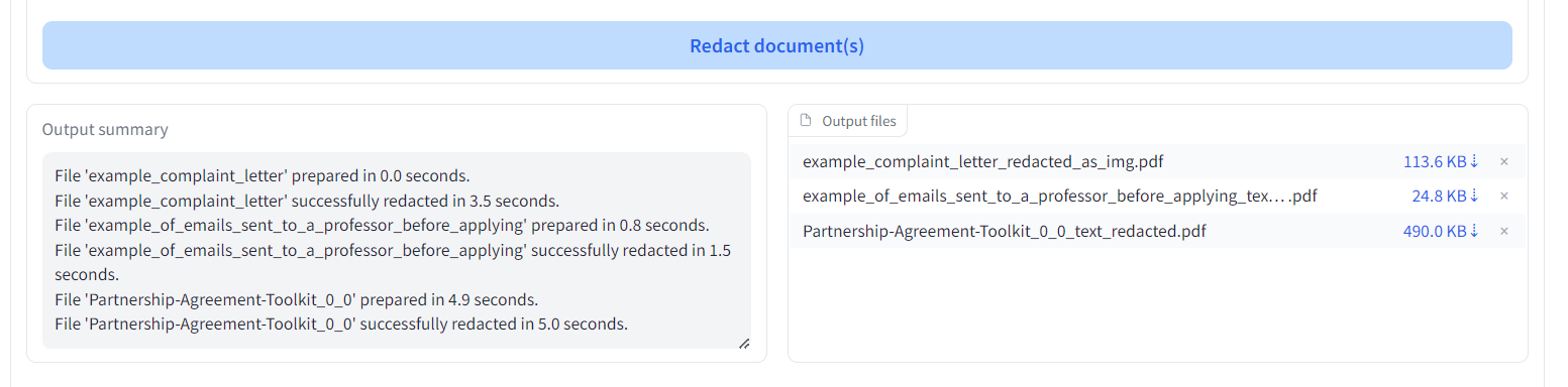 Redaction outputs