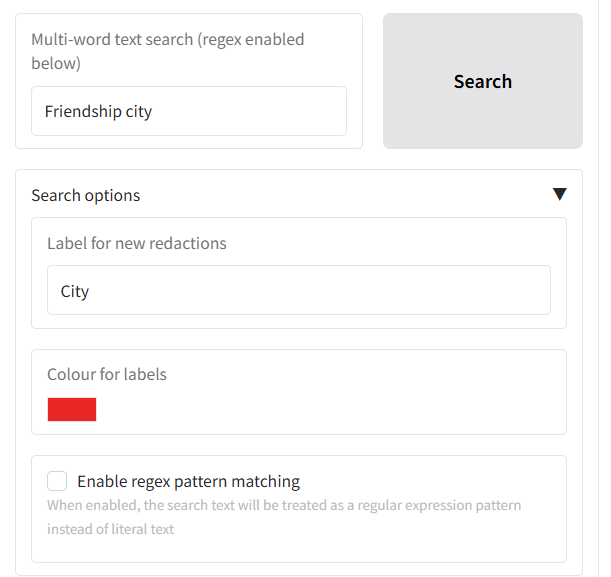New redaction search with options selected