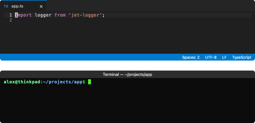 Four log calls are typed into app.ts, then running it prints four color-coded lines, each starting with the time: a green INFO, an underlined magenta IMPORTANT, a yellow WARNING, and a red ERROR