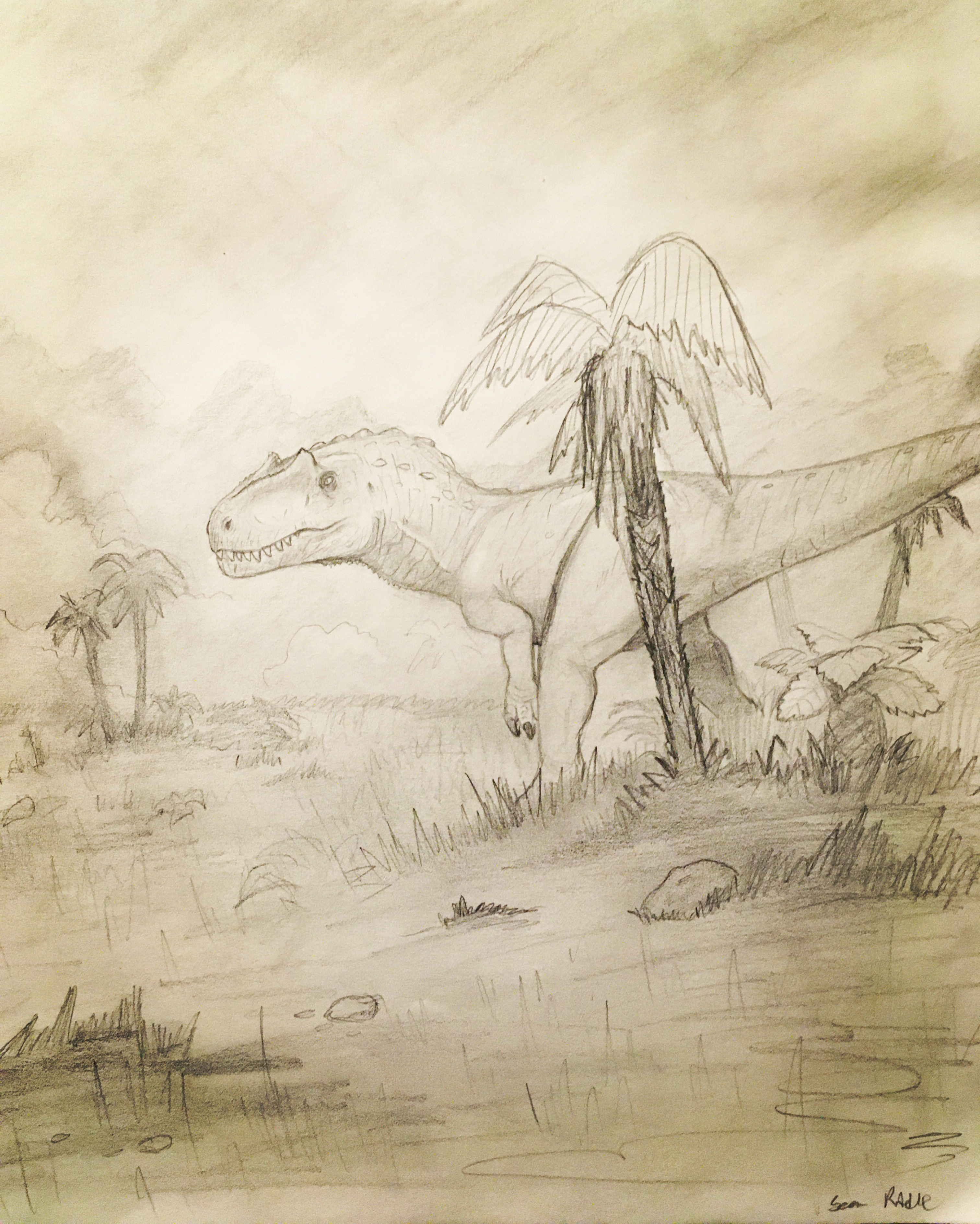 graphite illustration of an Allosaurus standing in a field