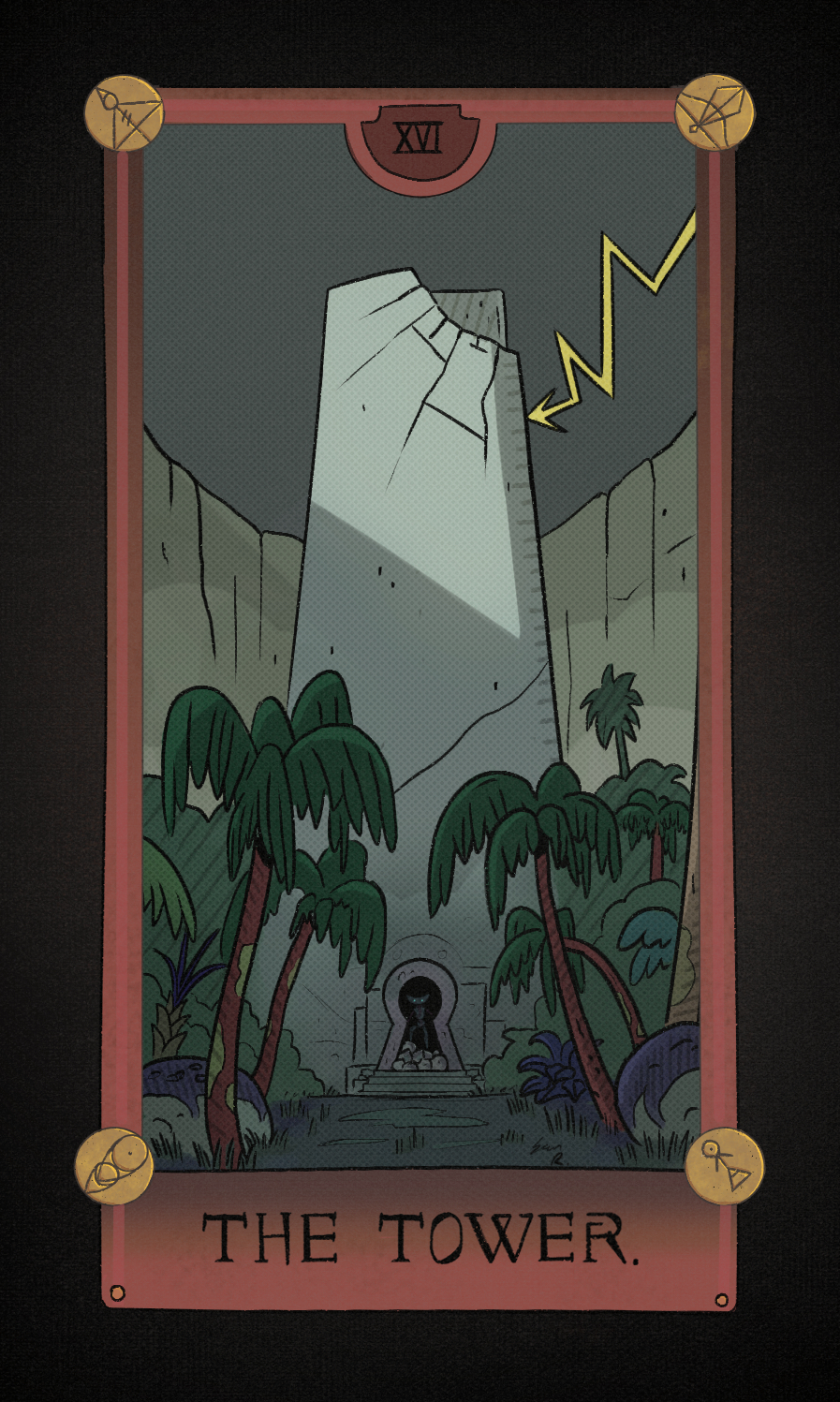 a tarot card-style illustration of a mysterious tower from Disney's 'The Owl House', labeled 'XVI - The Tower'