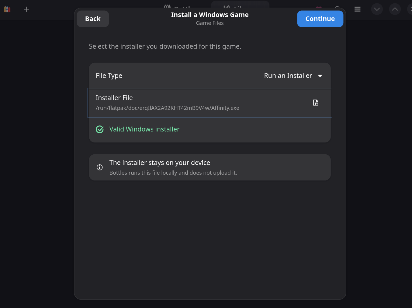 Installer file selected in the game wizard
