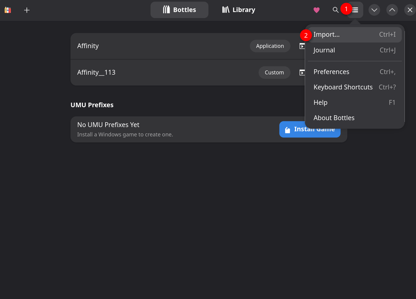Global menu import option