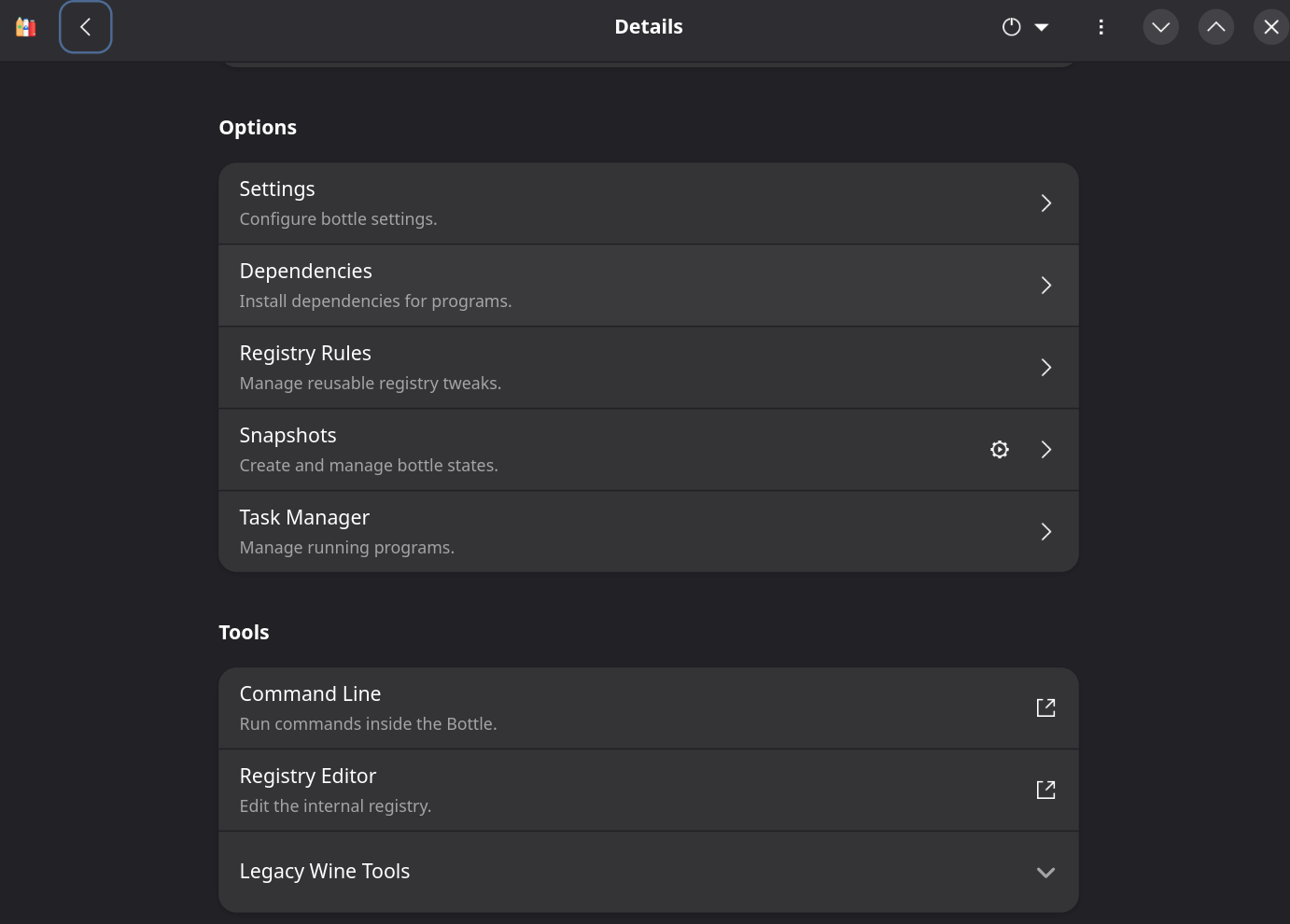 Details, Options, Tools section