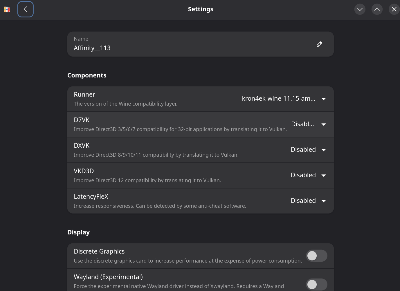 Bottle settings, Components section