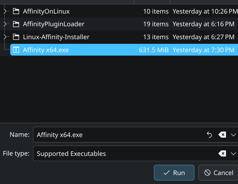File picker, Affinity exe selected