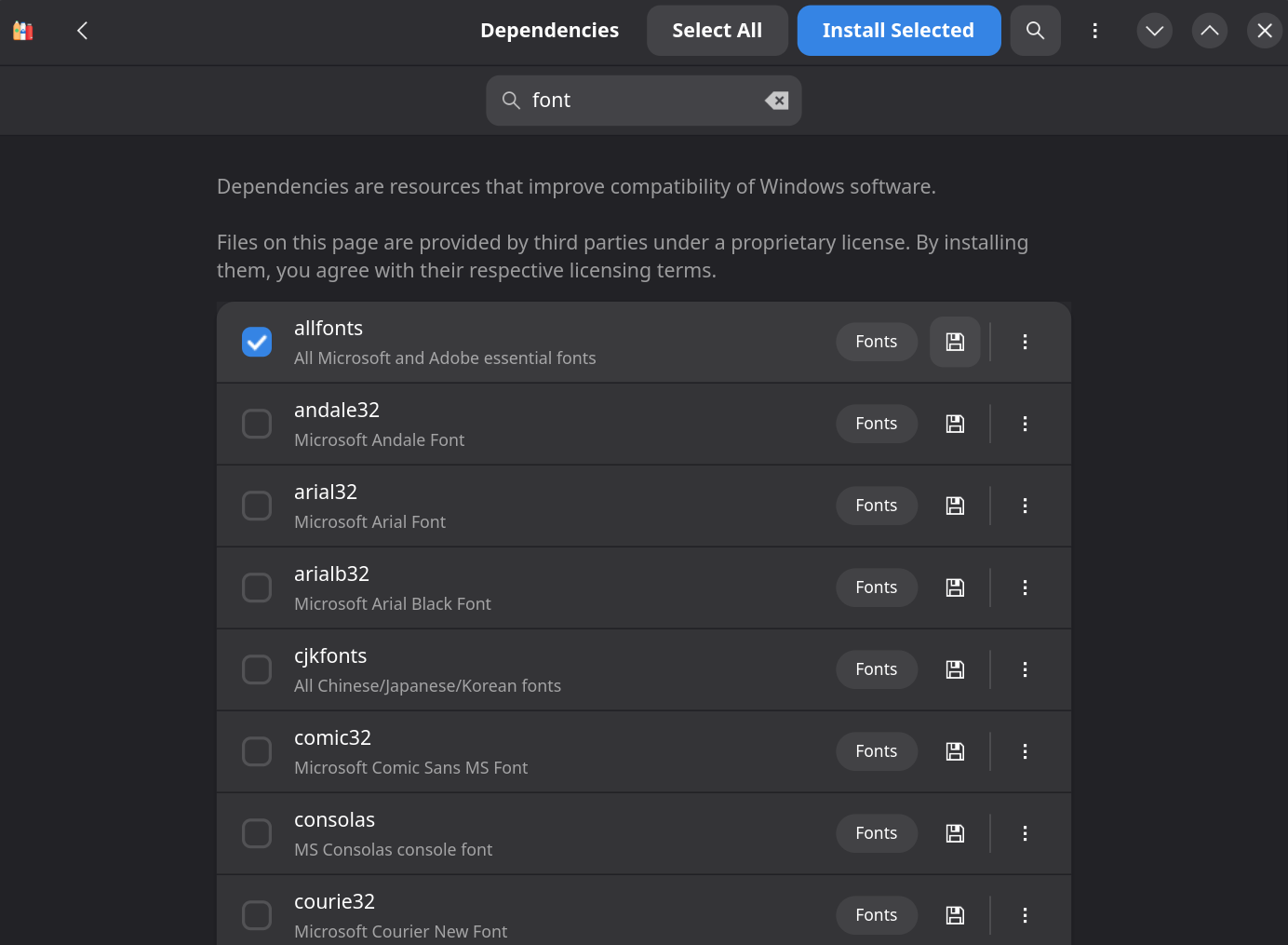 Dependencies allfonts checked