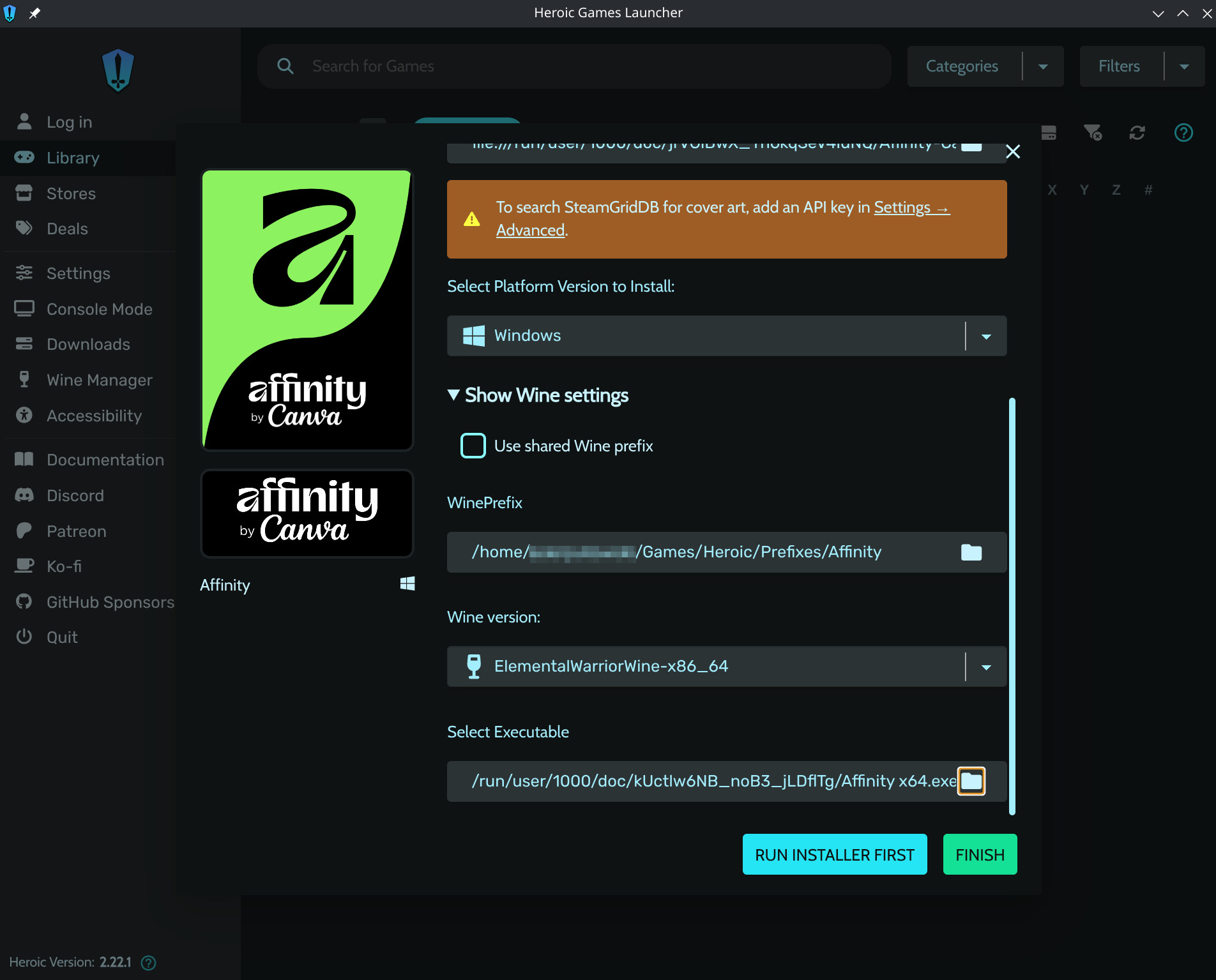Executable selected, Finish ready