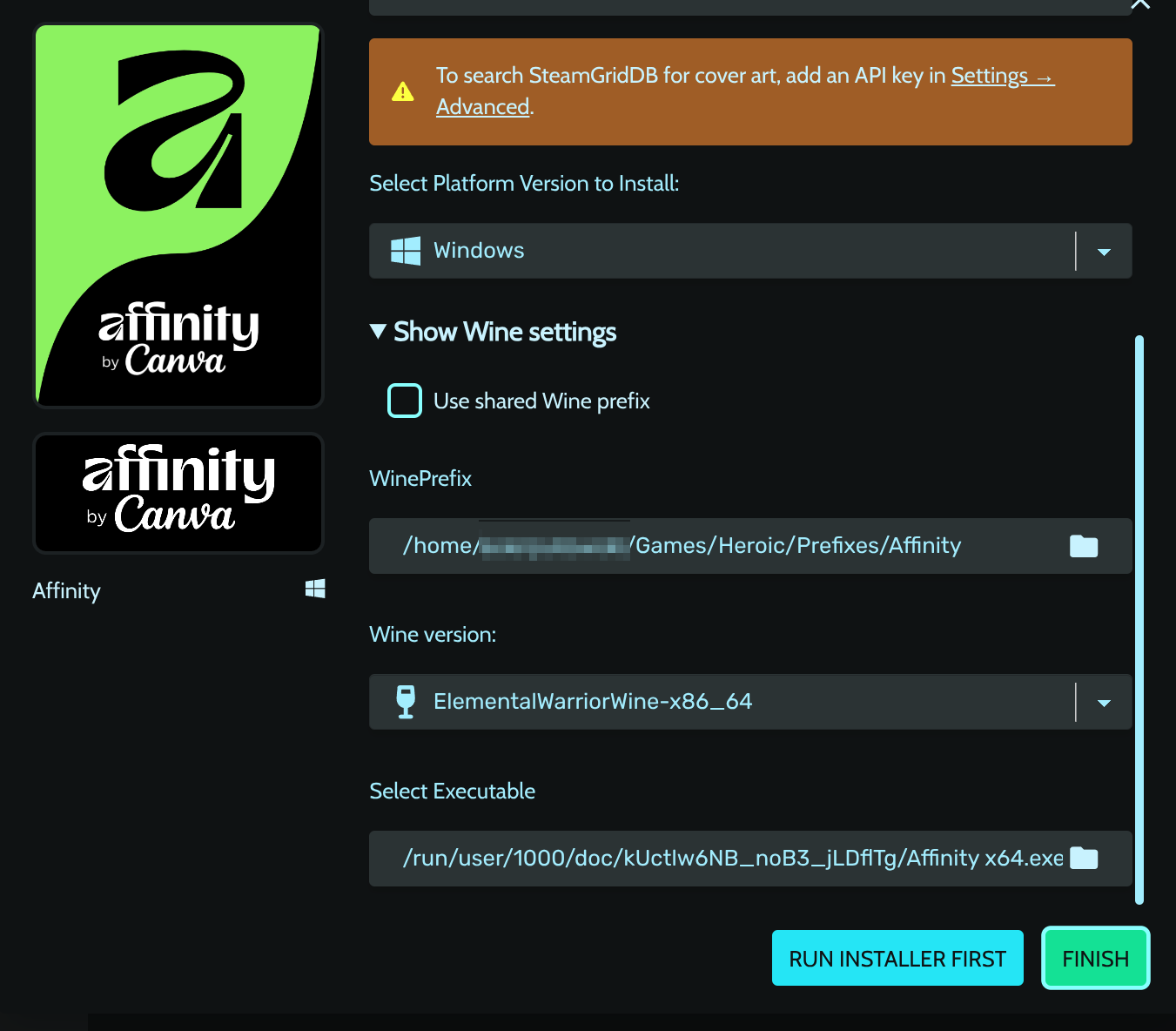 Finish/Ready screen after install, before updating the executable