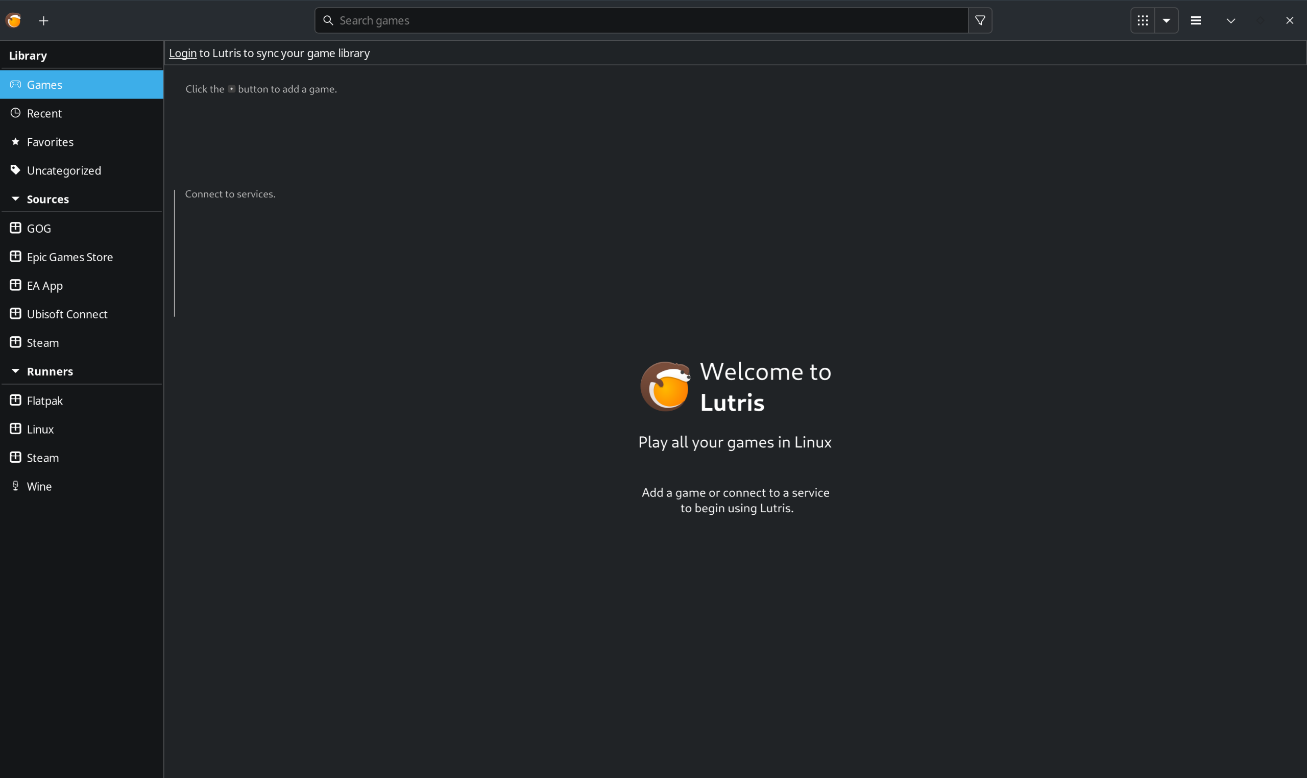 Lutris welcome screen