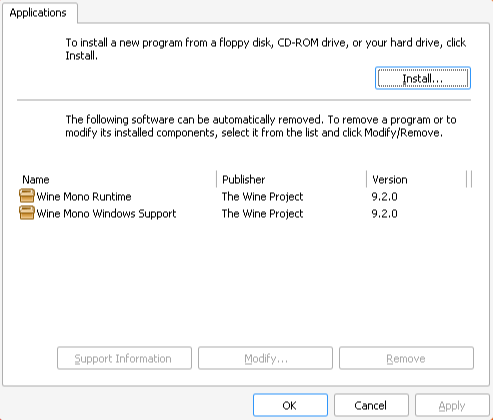Wine's Add/Remove Programs panel listing an already-installed Wine Mono Runtime and Wine Mono Windows Support, which must be removed before installing .NET Framework