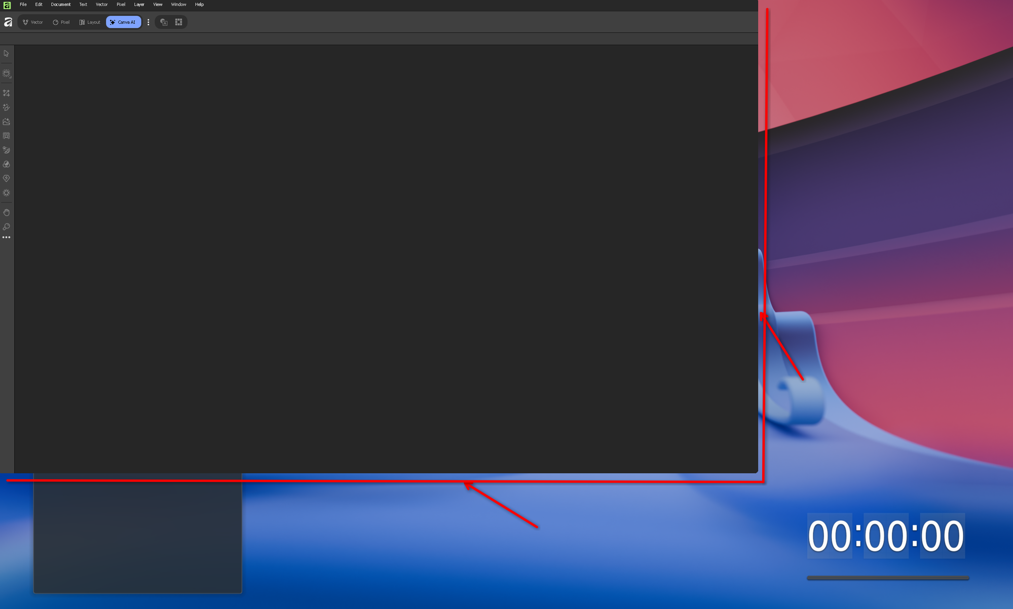 Affinity maximized on KDE Plasma Wayland, showing only a small cropped portion of the window in the top-left corner with desktop wallpaper visible around it