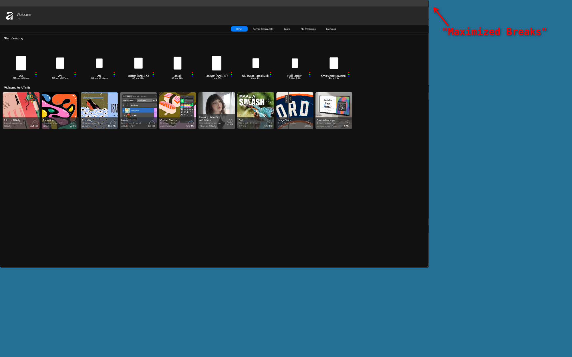 The same maximize bug annotated, pointing out where the window edge should be versus where it actually stops