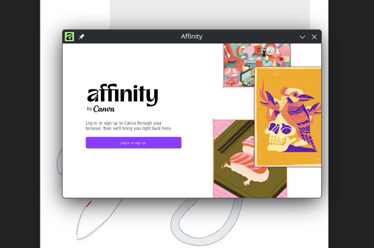 Affinity's login dialog: 'Log in or sign up to Canva through your browser, then we'll bring you right back here'