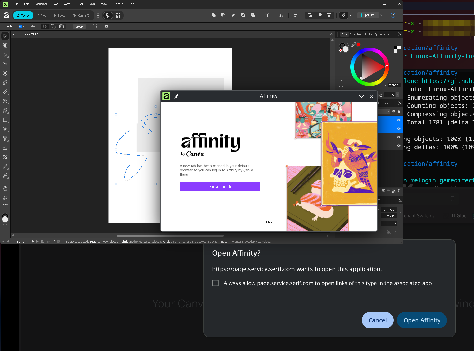 Browser dialog asking to confirm opening Affinity for a page.service.serif.com link, with Affinity's own 'A new tab has been opened' dialog behind it