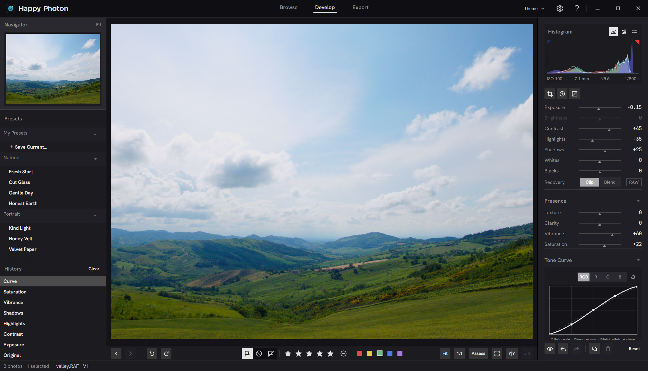 Happy Photon Develop view editing a valley landscape with the histogram,adjustments, tone curve, and edit history