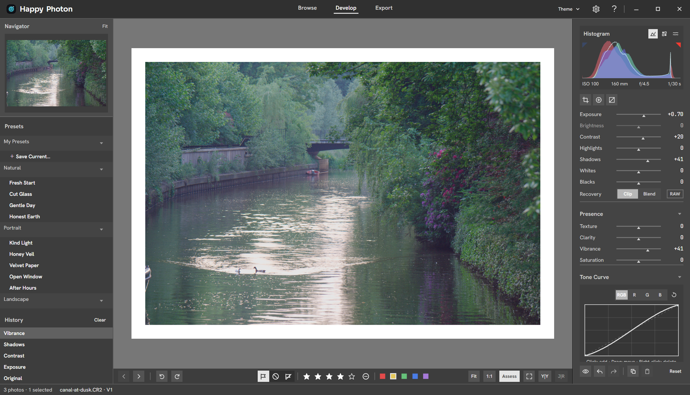 Happy Photon Develop in the Middle Gray theme assessing a canal photograph againsta mid-gray surround and white reference border