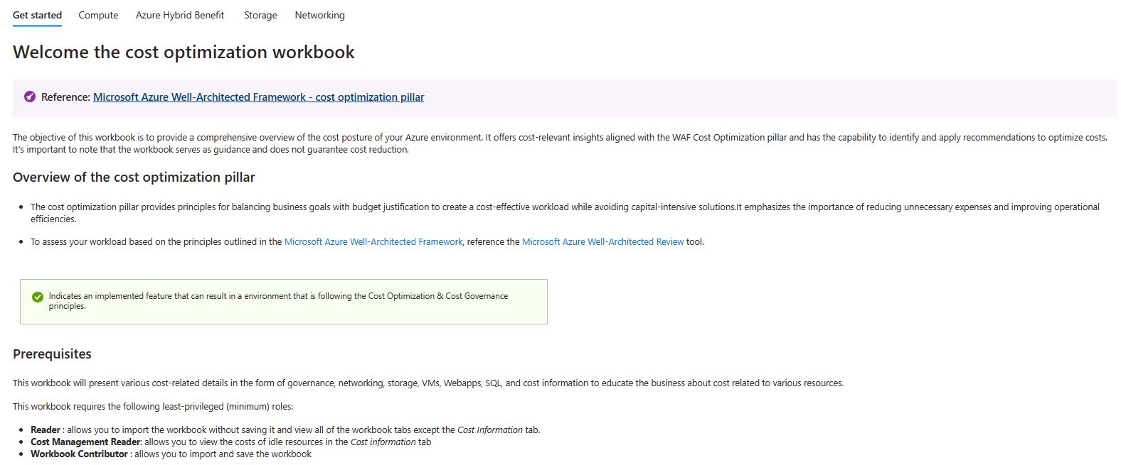 Cost Optimization workbook Welcome page showing all the other tabs.