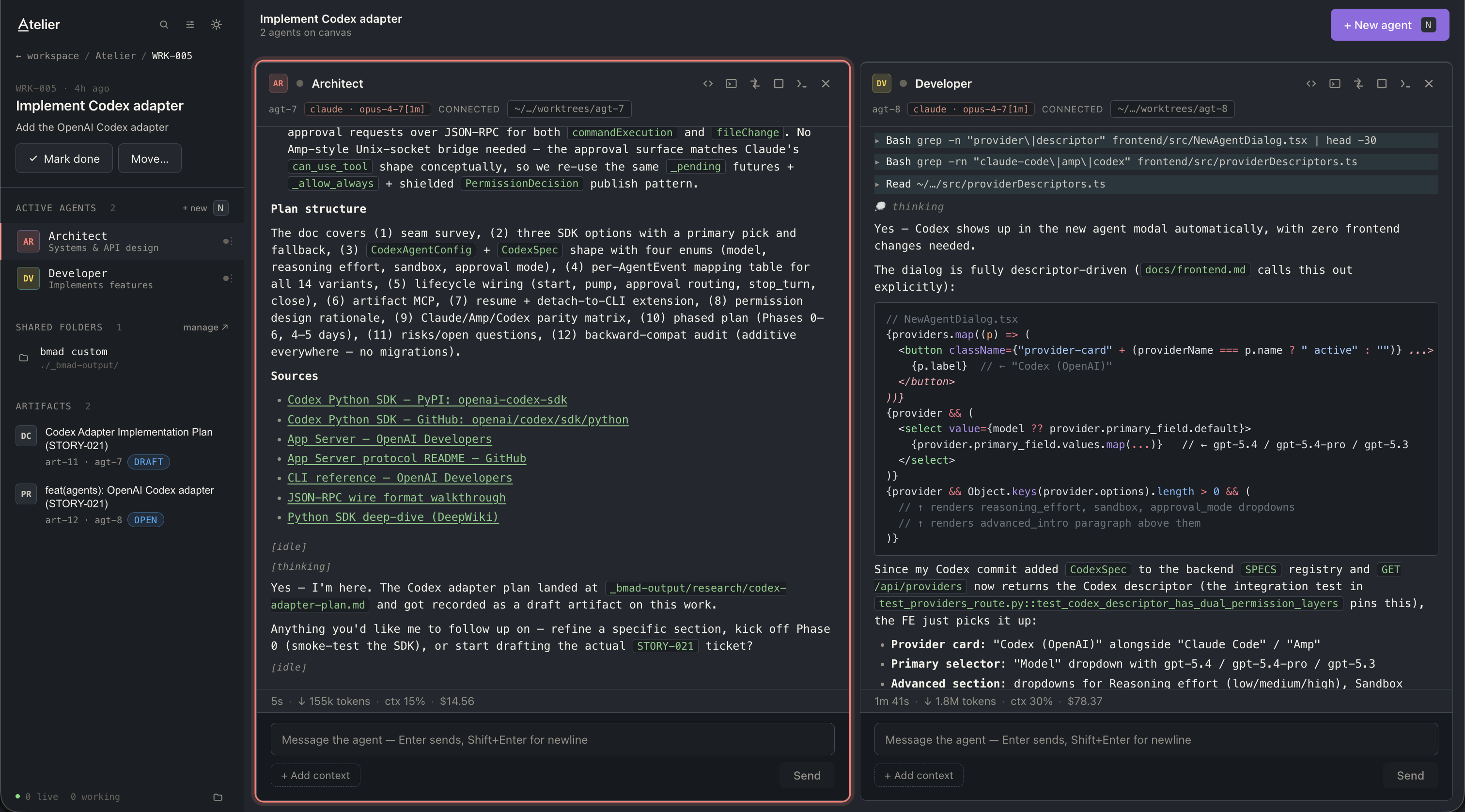 Two agents (Architect and Developer) streaming in parallel inside a Work unit