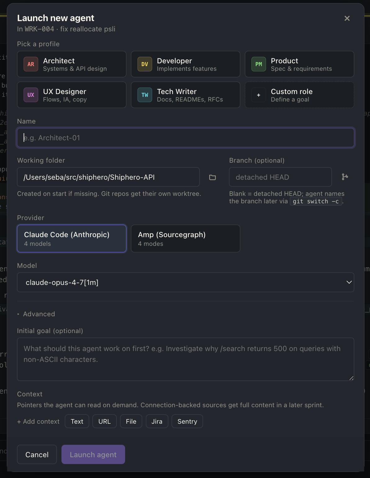 Launch new agent dialog — persona picker, provider picker (Claude / Amp), initial goal, context attachments (Text / URL / File / Jira / Sentry)