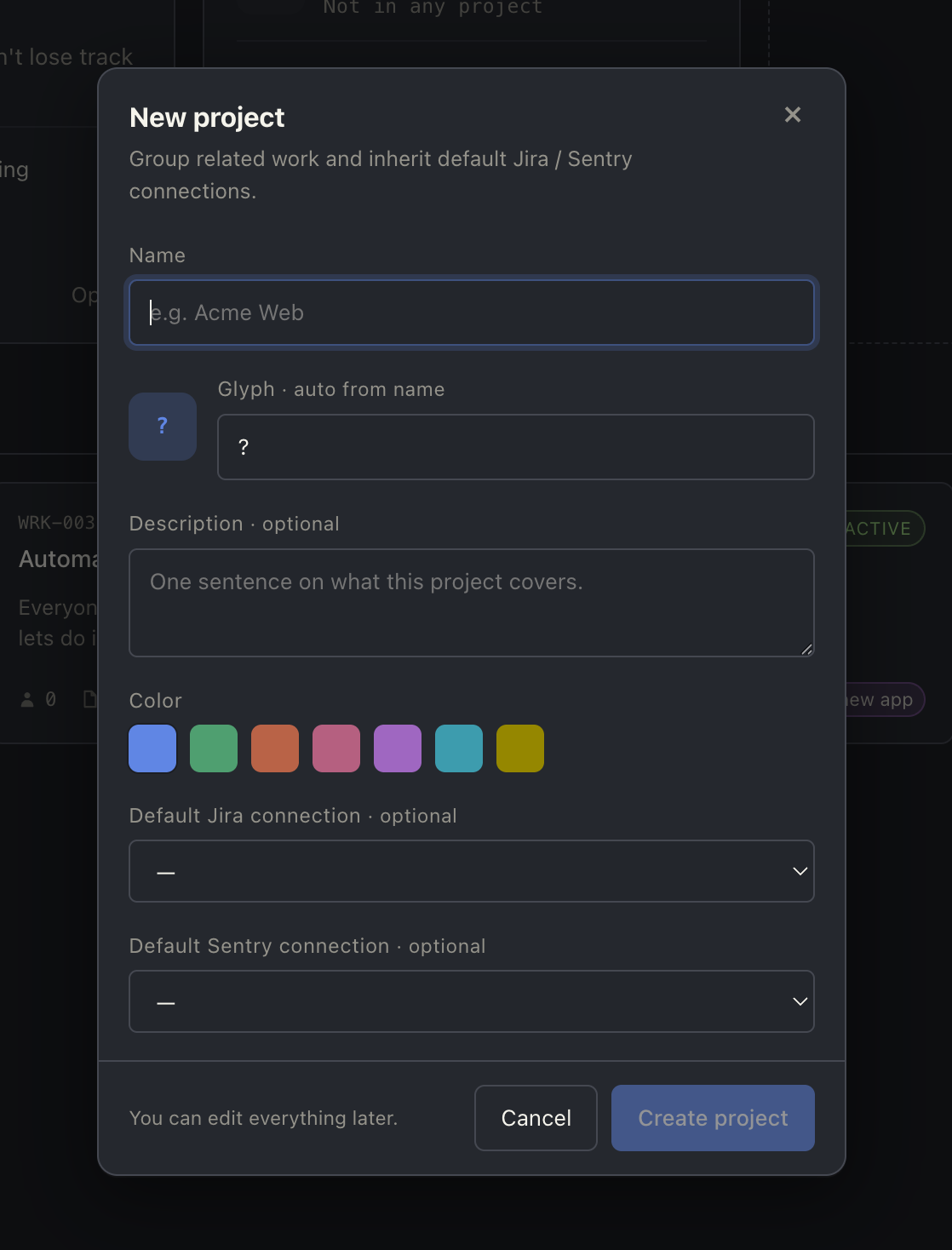 New project dialog — name, glyph, color picker, optional default Jira / Sentry connections