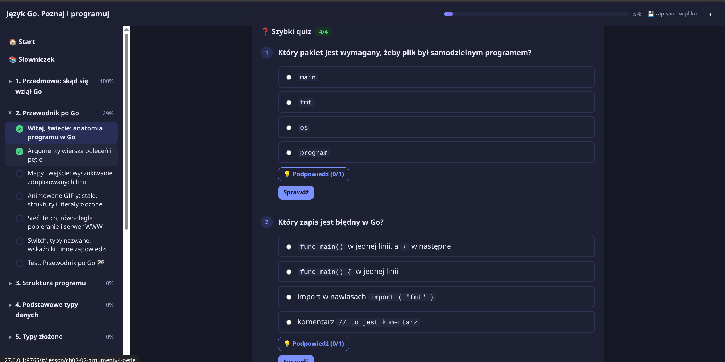Quiz with answer choices and hints