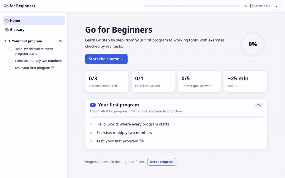Demo of a Go course: code walkthrough, quiz, flashcards and passing exercise tests